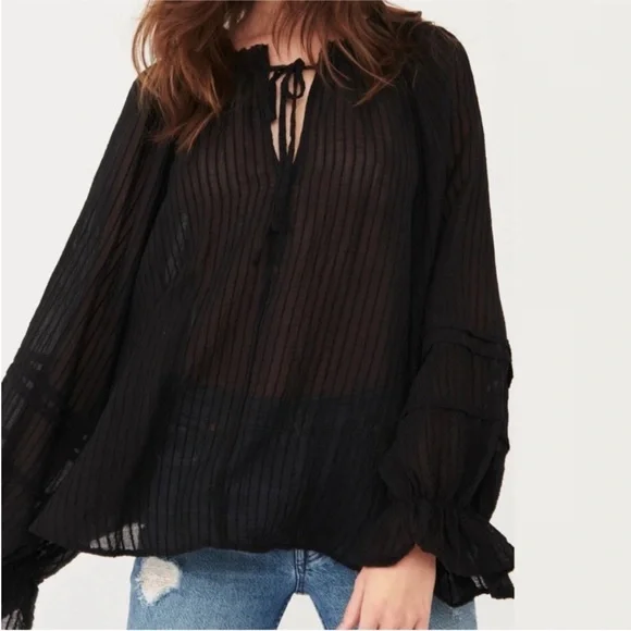 Free People Black Out of Town Split Neck blouse - size S/M - Picture 2 of 9